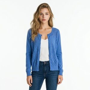 Dalia Bright Blue 100% Cotton Eyelet Front Button Cardigan Sweater Size Small